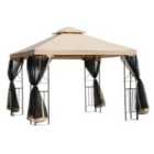 Outsunny 3X3(m) Outdoor Gazebo Patio Pavilion Canopy Tent With Netting & Shelf - Brown