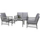 Outsunny 4 Seater Rattan Garden Sofa Set with Glass Top Coffee Table Grey