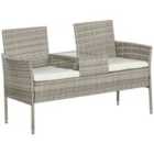 Outsunny Rattan Bench, Glass Tea Table, Wicker Chair - Grey