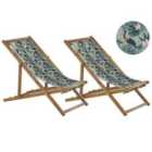 Beliani Set of 2 Acacia Folding Deck Chairs and 2 Replacement Fabrics / Pelican Pattern ANZIO