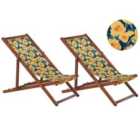 Beliani Set of 2 Acacia Folding Deck Chairs and 2 Replacement Fabrics Dark Wood with Off-White / Yellow Floral Pattern ANZIO