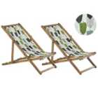 Beliani Set of 2 Acacia Folding Deck Chairs and 2 Replacement Fabrics / Green Leaf Pattern ANZIO