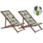Beliani Set of 2 Acacia Folding Deck Chairs and 2 Replacement Fabrics Dark Wood with Off-White / Green Leaf Pattern ANZIO