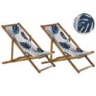 Beliani Set of 2 Acacia Folding Deck Chairs and 2 Replacement Fabrics / Blue Palm Leaves Pattern ANZIO