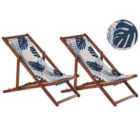 Beliani Set of 2 Acacia Folding Deck Chairs and 2 Replacement Fabrics Dark Wood with Off-White / Blue Palm Leaves Pattern ANZIO