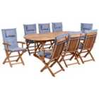 Beliani Garden Dining Set 8 Seater Maui Ii With Cushions Acacia Wood Blue