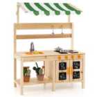 COSTWAY Outdoor Wooden Pretend Play Kitchen with Canopy and 4 Stoves-Natural