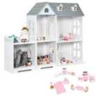 COSTWAY Large Wooden Dolls House with Furniture and Accessories-Grey