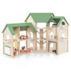 COSTWAY Wooden Dollhouse with 36 Pieces Accessories for Kids-Green