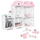 COSTWAY Large Wooden Dolls House with Furniture and Accessories-Pink