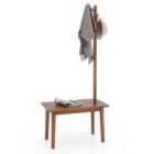 COSTWAY Solid Wood Coat Tree with 2-in-1 Side Table and 3 Hooks for Hats Bags Coats-Coffee
