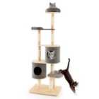 COSTWAY 6-Tier Cat Tree Rubber Wood Cat Tower with Sisal Scratching Post-Grey