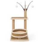 COSTWAY Modern Cat Tower with Rattan Mat and 3 Hanging Ball Toys