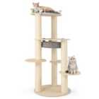 COSTWAY 150CM Wooden Multi-Level Cat Tree with Top Perch and Hammock-Grey