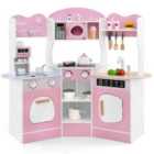 COSTWAY Kids Corner Wooden Play Kitchen with Coffee Machine Slide Microwave-Pink