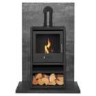 Acantha Tile & Hearth Set in Slate Venetian Plaster Effect with OKO S1 Stove, Log Store & Angled Pipe