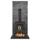 Acantha Tile & Hearth Set in Slate Venetian Plaster Effect with OKO S2 Stove, Log Store & Tall Angled Pipe