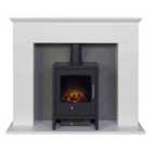 Adam Corinth Stove Fireplace in Pure White & Grey with Downlights & Bergen Electric Stove in Charcoal Grey, 48 Inch
