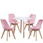 Life Interiors Halo Lorenzo Dining Set - A White Round Wooden Dining Table And Set Of 4 Plastic Dining Chairs With Padded Cushions - Pink