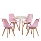Life Interiors Halo Lorenzo Dining Set - An Oak Round Wooden Dining Table And Set Of 4 Plastic Dining Chairs With Padded Cushions - Pink