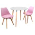 Life Interiors Halo Lorenzo Dining Set - A White Round Wooden Dining Table And Set Of 2 Plastic Dining Chairs With Padded Cushions - Pink
