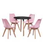 Life Interiors Halo Lorenzo Dining Set - A Black Round Wooden Dining Table And Set Of 4 Plastic Dining Chairs With Padded Cushions - Pink