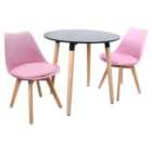 Life Interiors Halo Lorenzo Dining Set - A Black Round Wooden Dining Table And Set Of 2 Plastic Dining Chairs With Padded Cushions - Pink