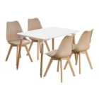 Life Interiors Halo Lorenzo Dining Set - A White Rectangular Plastic Dining Table And Set Of 4 Plastic Dining Chairs With Padded Cushions - Vanilla