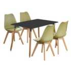 Life Interiors Halo Lorenzo Dining Set - A Black Rectangular Wooden Dining Table And Set Of 4 Plastic Dining Chairs With Padded Cushions - Lime Green