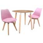 Life Interiors Halo Lorenzo Dining Set - An Oak Round Wooden Dining Table And Set Of 2 Plastic Dining Chairs With Padded Cushions - Pink