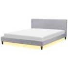 Beliani Bed With LED Fabric Fitou 180 X 200 Cm Eu Super King Light Grey