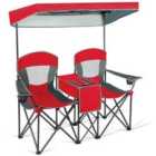 COSTWAY Double Folding Camping Chair with Canopy and Armrests-Red