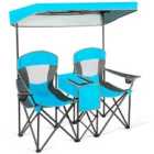COSTWAY Double Folding Camping Chair with Canopy and Armrests-Blue
