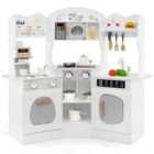 COSTWAY Kids Corner Wooden Play Kitchen with Coffee Machine Slide Microwave-White