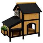 PawHut Wooden Outdoor Cat House w/ Flower Pot, Windows, Multiple Entrances