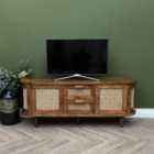 Elm Home And Garden Soild Mango Wood Rattan Oval Tv Media Unit Doors Dark Oak Finish
