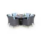 Savannah Fire Pit 6 Seater Round Rattan Dining Set - Grey