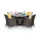 Savannah Fire Pit 4 Seater Round Rattan Dining Set - Brown