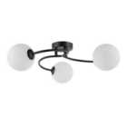 Modern 3-Arm Matte Black Ceiling Light with Opal Swirl Glass Spherical Shades
