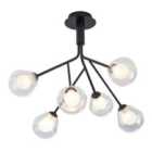 Modern Designer Matte Black 6-Arm Ceiling Light with Opal and Clear Glass Shades