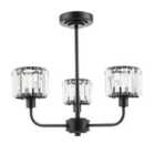 Modern Black Ceiling Light Fitting with Clear Crystal Glass Rods on Three Shades