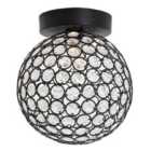 Modern Matte Black and Clear Beaded Glass IP44 Rated Bathroom Ceiling Light
