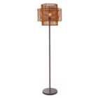 Unique Vintage Metallic Brown Floor Lamp with Natural Rattan Double Round Shades