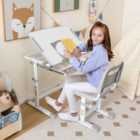 Costway Height Adjustable Kids Study Table And Chair Set With Tilting Tabletop-grey
