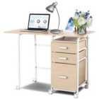Costway Folding Computer Desk With Rolling Wheels And 3 Drawers For Home Office-natural
