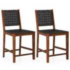 Costway Woven Bar Stools Set Of 2 With Faux Pu Leather Straps-black &amp; Brown