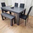 Kosy Koala Dining Table and 4 Chairs With a Bench Black Dark Grey 4 Black Leather Chairs 1 Grey Bench Wood