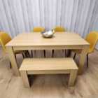 Kosy Koala Wooden Dining Table Set for 6 Oak Effect Table With 4 Mustard Gem Patterned Chairs and 1 Bench