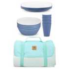 Bayside Blue Pool 12 Piece Two Tone Picnic Tableware Set with Whitesands Picnic Blanket