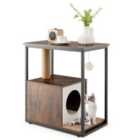 COSTWAY Cat Furniture End Table Cat House with Scratching Post-Rustic Brown